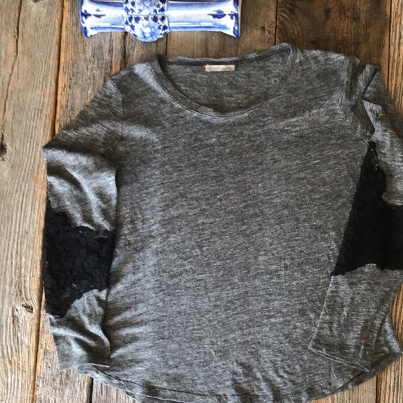 Zara Grey Top with Black Lace Insert Sleeves Size Medium - Picture 2 of 7